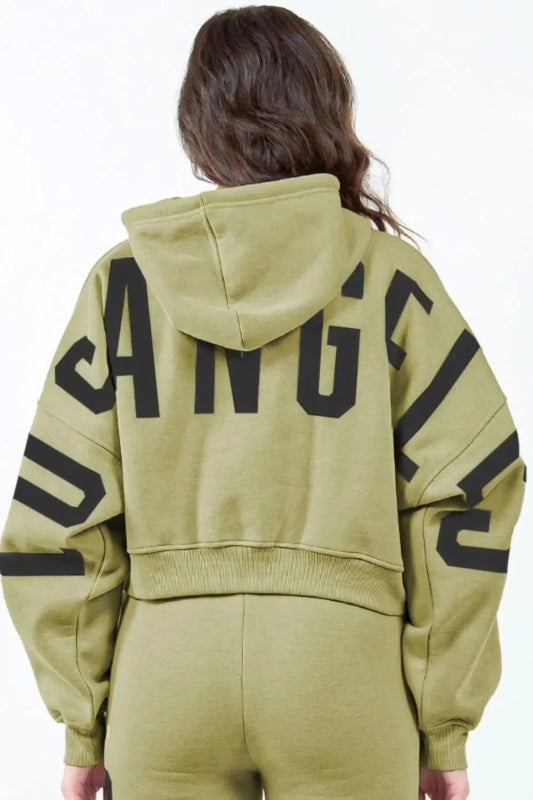 American Bazi Letter Graphic Long Sleeve Drawstring Cropped Hoodie - ShalayeFashion