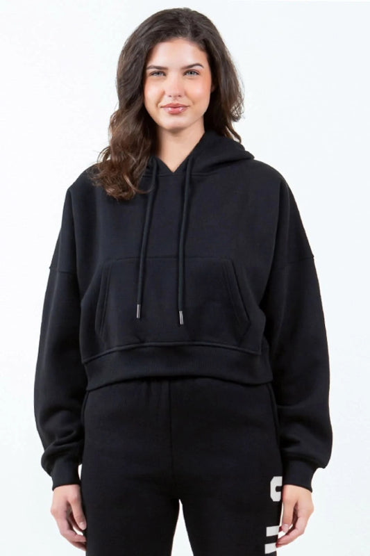American Bazi Letter Graphic Long Sleeve Drawstring Cropped Hoodie - ShalayeFashion