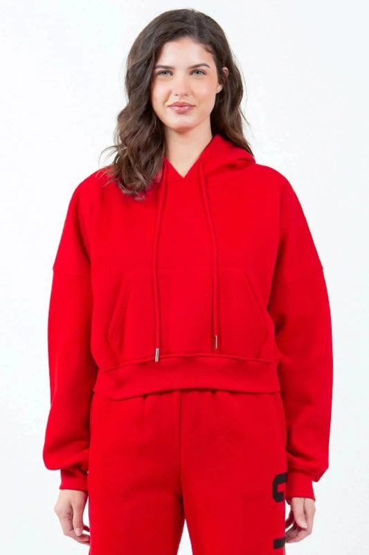 American Bazi Letter Graphic Long Sleeve Drawstring Cropped Hoodie - ShalayeFashion