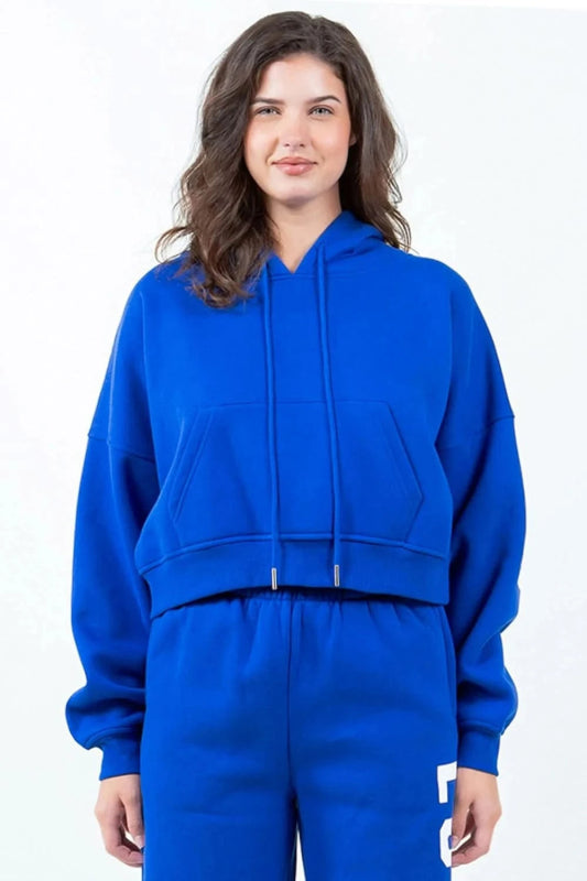 American Bazi Letter Graphic Long Sleeve Drawstring Cropped Hoodie - ShalayeFashion
