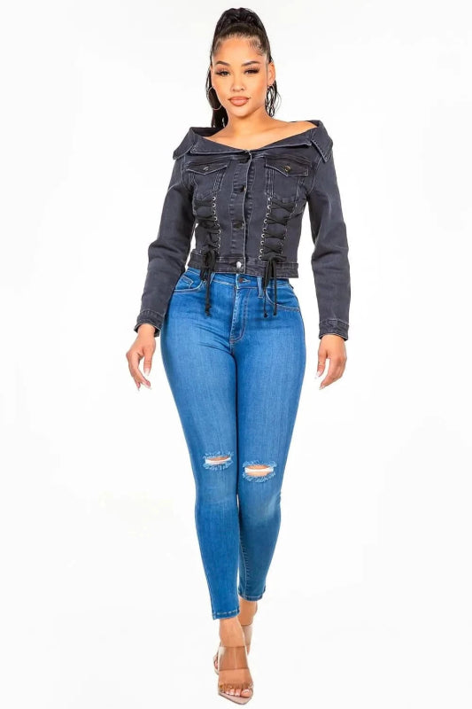 American Bazi Off Shoulder Lace Up Denim Jacket - ShalayeFashion