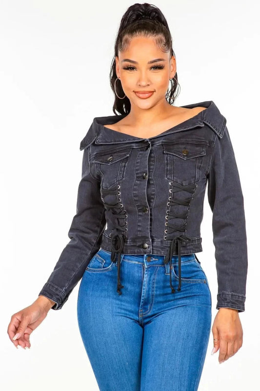 American Bazi Off Shoulder Lace Up Denim Jacket - ShalayeFashion