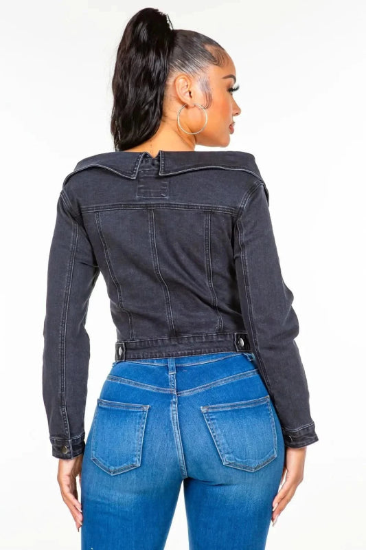 American Bazi Off Shoulder Lace Up Denim Jacket - ShalayeFashion