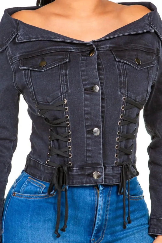 American Bazi Off Shoulder Lace Up Denim Jacket - ShalayeFashion