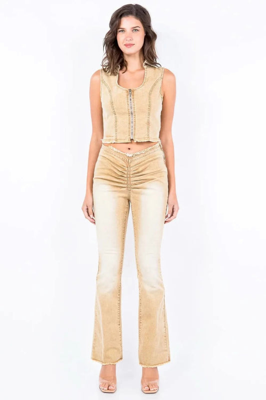 American Bazi V - Cut Ruched Flare Pants - ShalayeFashion