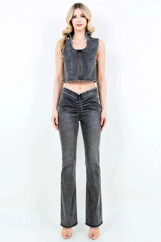 American Bazi V - Cut Ruched Flare Pants - ShalayeFashion