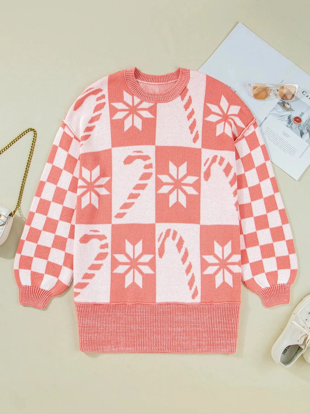 andycane Snowflake Checker Drop Shoulder Sweater - ShalayeFashion