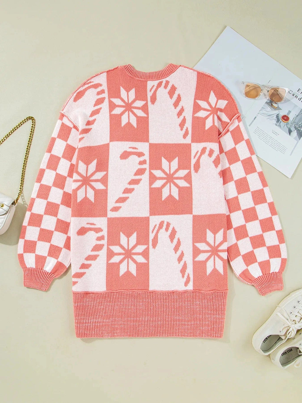 andycane Snowflake Checker Drop Shoulder Sweater - ShalayeFashion