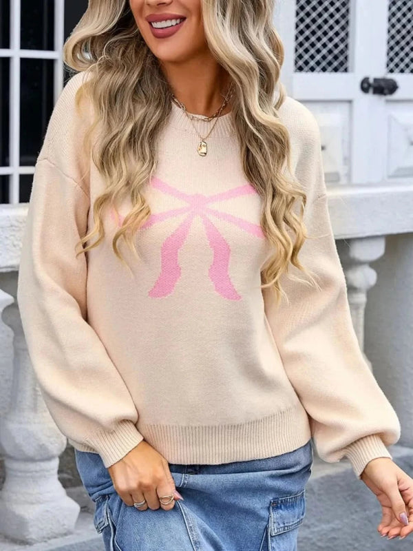 Angel Wings Bow Graphic Round Neck Long Sleeve Sweater - ShalayeFashion