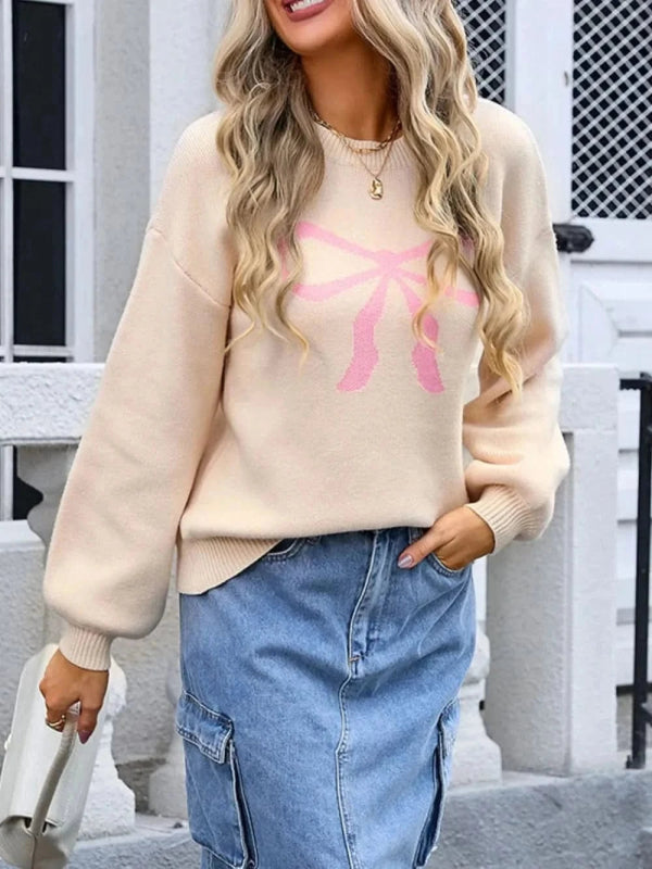 Angel Wings Bow Graphic Round Neck Long Sleeve Sweater - ShalayeFashion