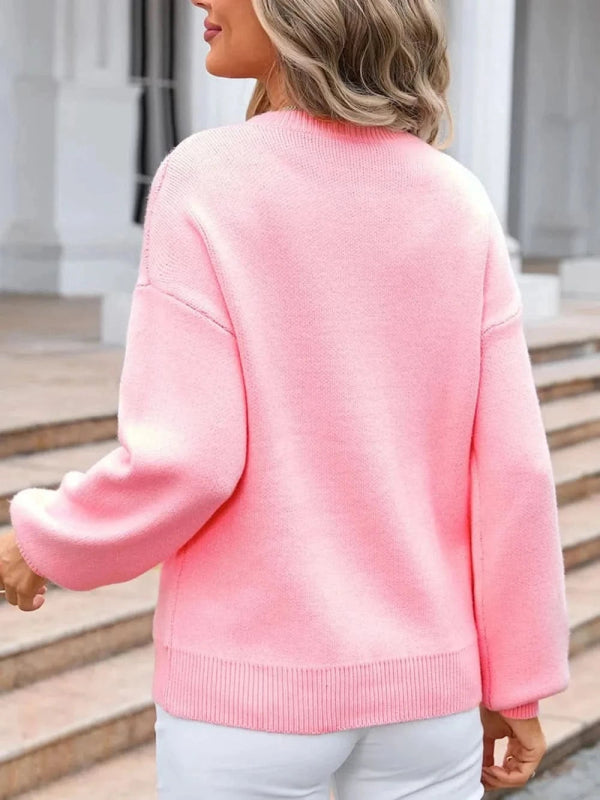 Angel Wings Bow Graphic Round Neck Long Sleeve Sweater - ShalayeFashion