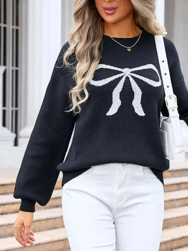 Angel Wings Bow Graphic Round Neck Long Sleeve Sweater - ShalayeFashion