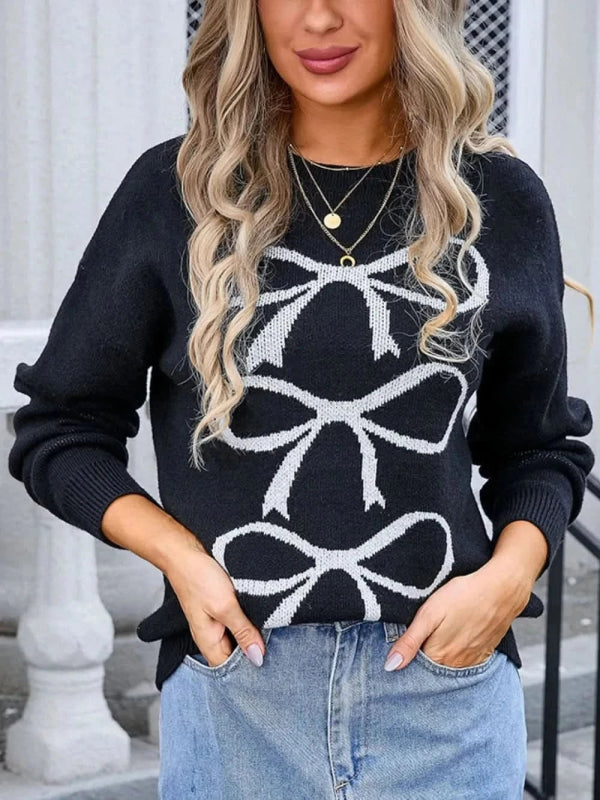 Angel Wings Bow Graphic Round Neck Long Sleeve Sweater - ShalayeFashion