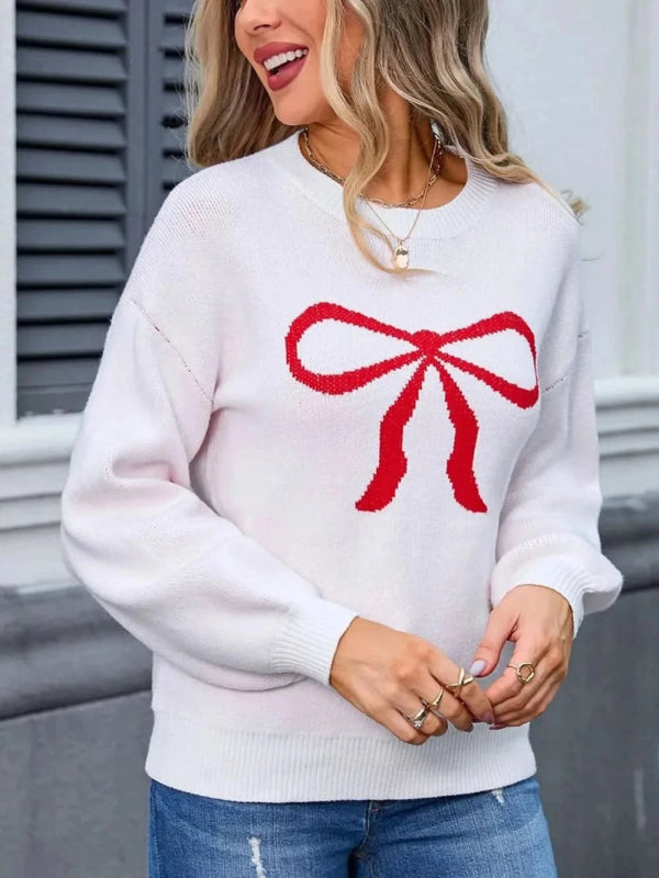Angel Wings Bow Graphic Round Neck Long Sleeve Sweater - ShalayeFashion