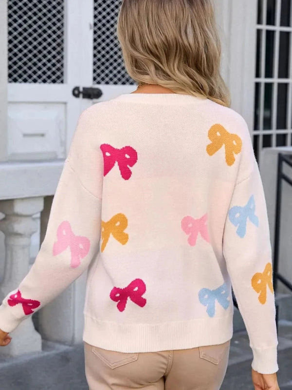 Angel Wings Bow Graphic Round Neck Long Sleeve Sweater - ShalayeFashion