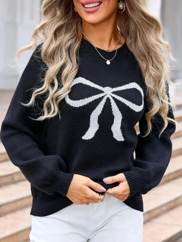 Angel Wings Bow Graphic Round Neck Long Sleeve Sweater - ShalayeFashion