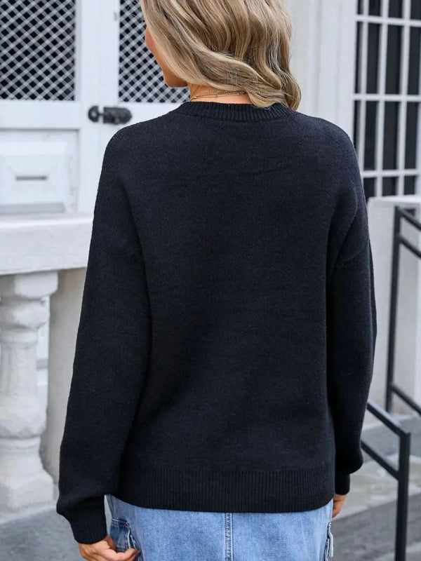 Angel Wings Bow Graphic Round Neck Long Sleeve Sweater - ShalayeFashion