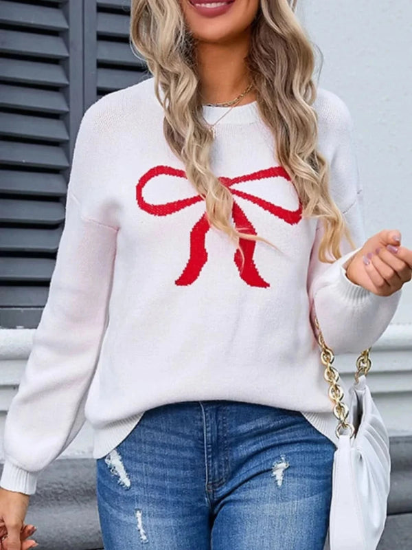 Angel Wings Bow Graphic Round Neck Long Sleeve Sweater - ShalayeFashion