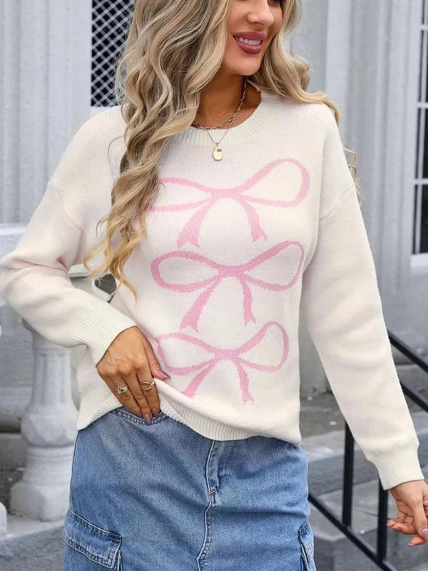 Angel Wings Bow Graphic Round Neck Long Sleeve Sweater - ShalayeFashion