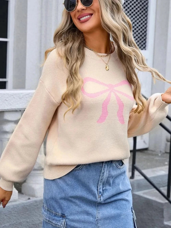 Angel Wings Bow Graphic Round Neck Long Sleeve Sweater - ShalayeFashion