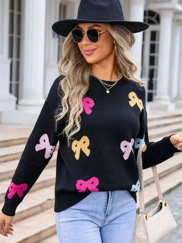 Angel Wings Bow Graphic Round Neck Long Sleeve Sweater - ShalayeFashion