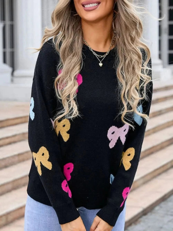 Angel Wings Bow Graphic Round Neck Long Sleeve Sweater - ShalayeFashion
