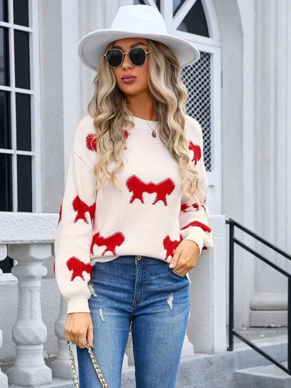Angel Wings Bow Round Neck Dropped Shoulder Sweater - ShalayeFashion