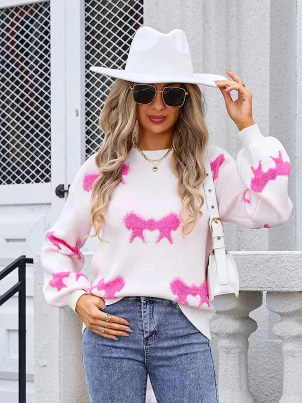 Angel Wings Bow Round Neck Dropped Shoulder Sweater - ShalayeFashion