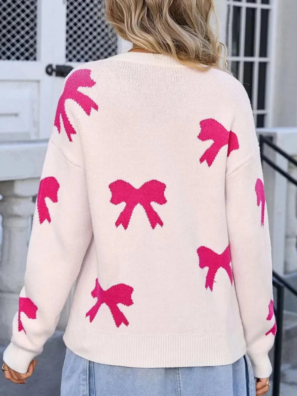 Angel Wings Bow Round Neck Dropped Shoulder Sweater - ShalayeFashion