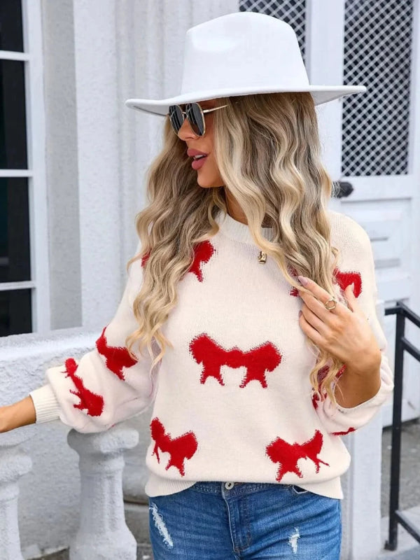 Angel Wings Bow Round Neck Dropped Shoulder Sweater - ShalayeFashion