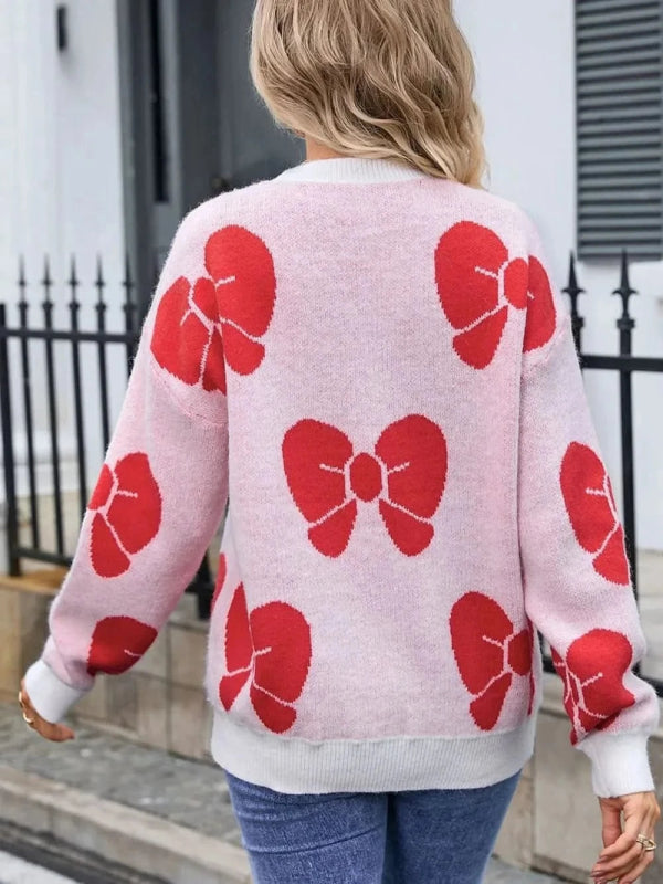 Angel Wings Bow Round Neck Dropped Shoulder Sweater - ShalayeFashion