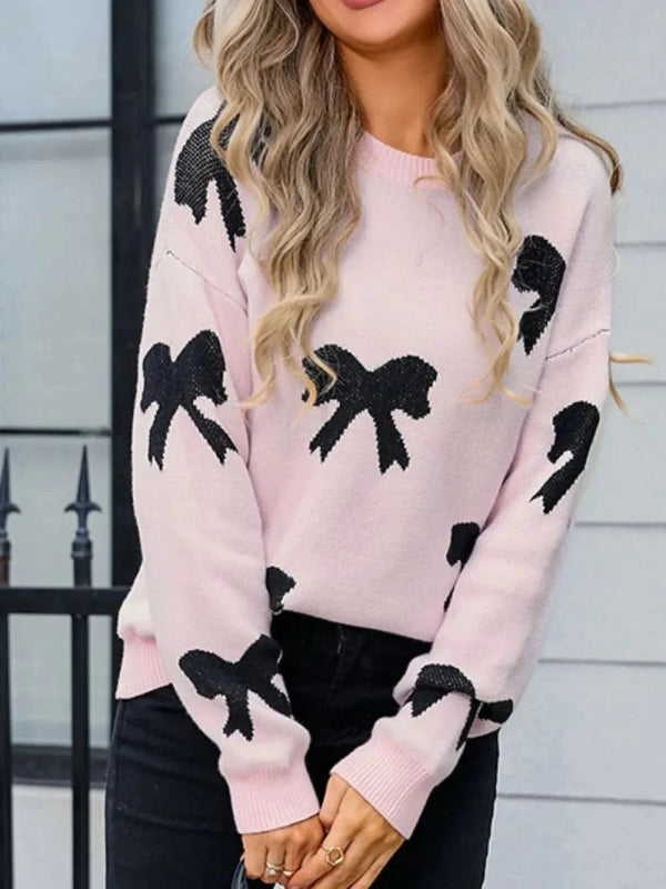 Angel Wings Bow Round Neck Dropped Shoulder Sweater - ShalayeFashion