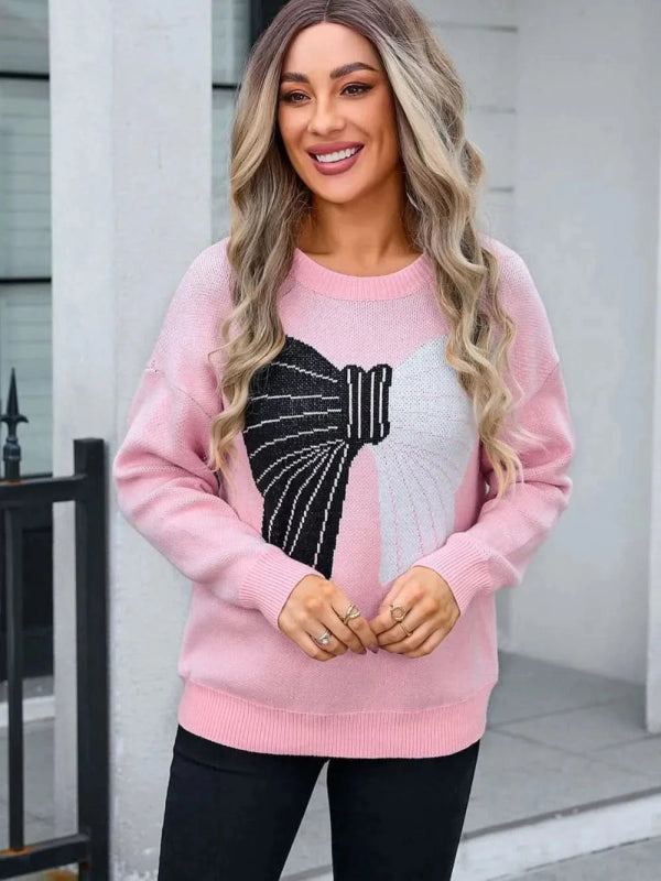 Angel Wings Bow Round Neck Dropped Shoulder Sweater - ShalayeFashion