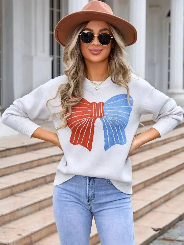 Angel Wings Bow Round Neck Dropped Shoulder Sweater - ShalayeFashion