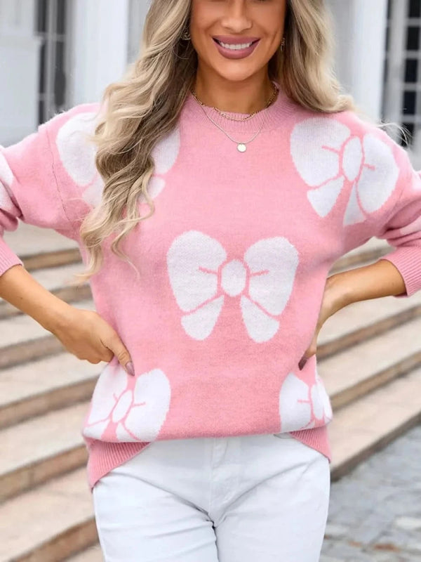 Angel Wings Bow Round Neck Dropped Shoulder Sweater - ShalayeFashion