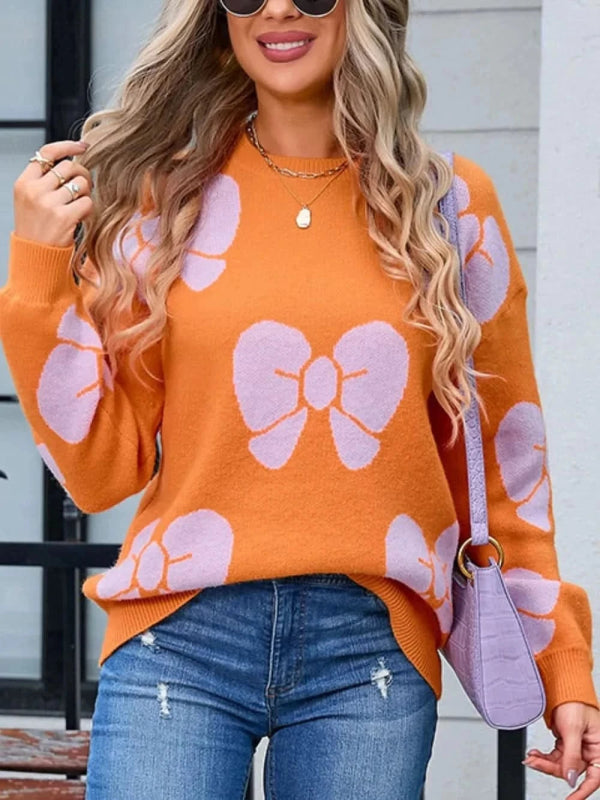 Angel Wings Bow Round Neck Dropped Shoulder Sweater - ShalayeFashion