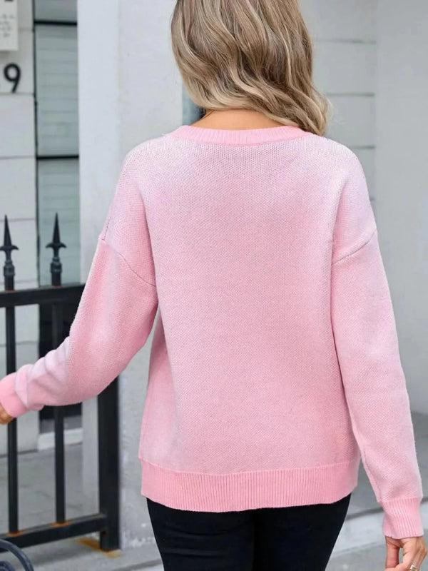 Angel Wings Bow Round Neck Dropped Shoulder Sweater - ShalayeFashion