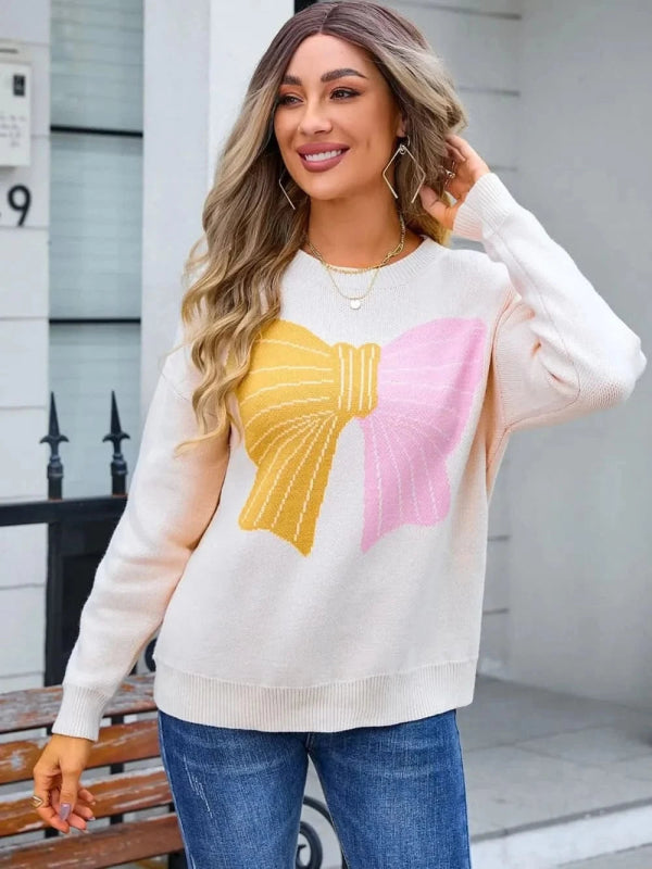 Angel Wings Bow Round Neck Dropped Shoulder Sweater - ShalayeFashion