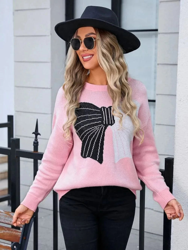 Angel Wings Bow Round Neck Dropped Shoulder Sweater - ShalayeFashion