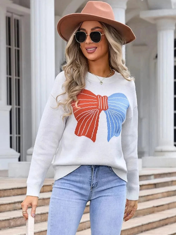 Angel Wings Bow Round Neck Dropped Shoulder Sweater - ShalayeFashion