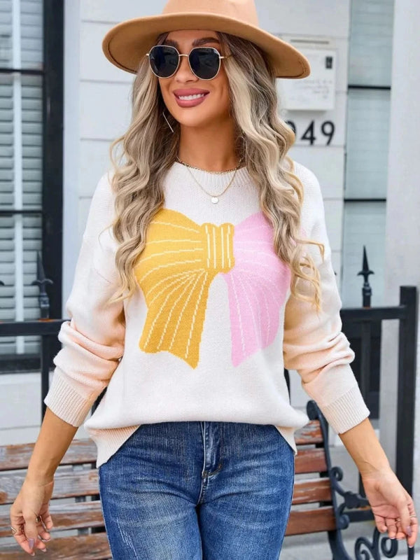 Angel Wings Bow Round Neck Dropped Shoulder Sweater - ShalayeFashion