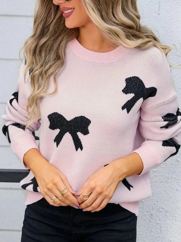 Angel Wings Bow Round Neck Dropped Shoulder Sweater - ShalayeFashion