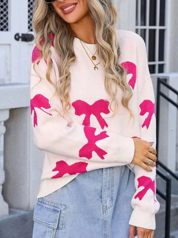 Angel Wings Bow Round Neck Dropped Shoulder Sweater - ShalayeFashion