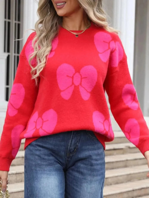 Angel Wings Bow Round Neck Dropped Shoulder Sweater - ShalayeFashion