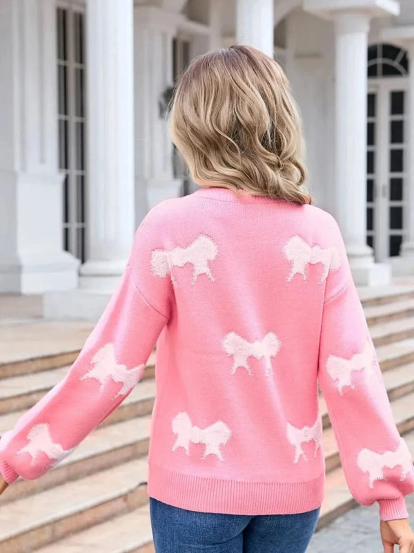 Angel Wings Bow Round Neck Dropped Shoulder Sweater - ShalayeFashion