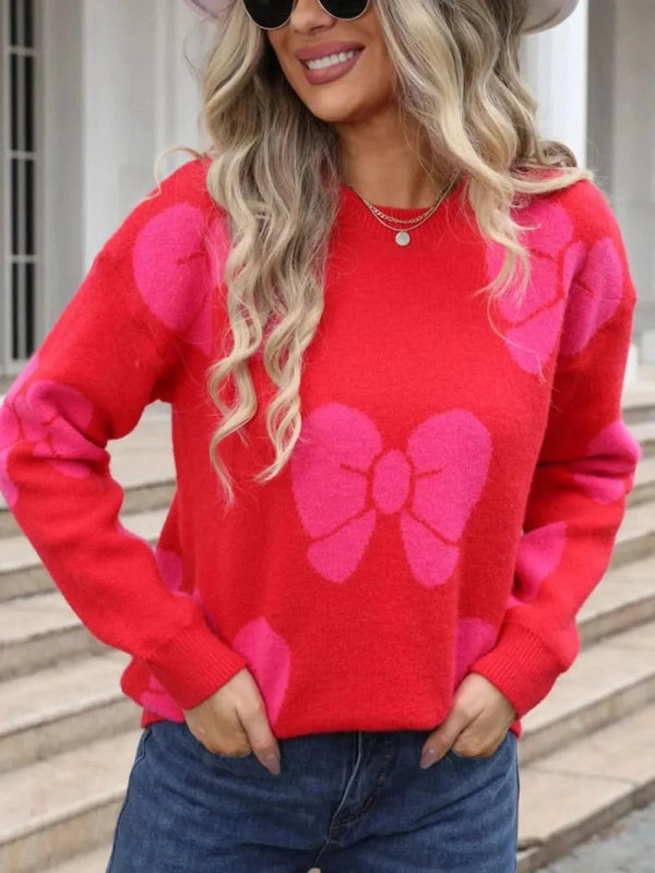 Angel Wings Bow Round Neck Dropped Shoulder Sweater - ShalayeFashion