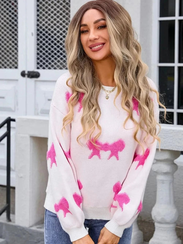 Angel Wings Bow Round Neck Dropped Shoulder Sweater - ShalayeFashion