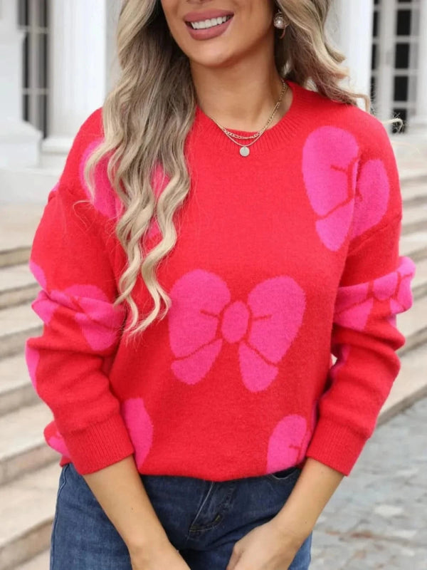 Angel Wings Bow Round Neck Dropped Shoulder Sweater - ShalayeFashion