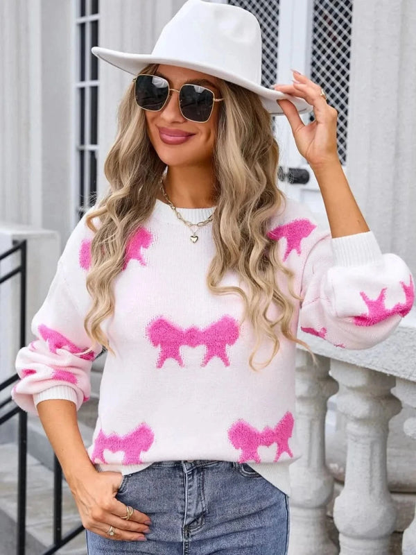 Angel Wings Bow Round Neck Dropped Shoulder Sweater - ShalayeFashion