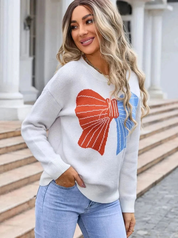 Angel Wings Bow Round Neck Dropped Shoulder Sweater - ShalayeFashion